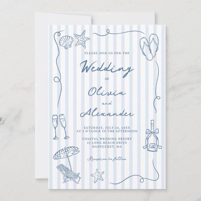 Hand Drawn Coastal Dusty Blue Beach Wedding Einladung (Vorderseite)