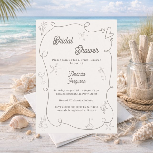 Hand drawn coastal ivory taupe sand Bridal Shower Einladung (Von Creator hochgeladen)