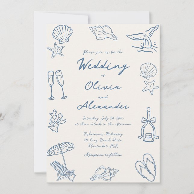 Hand Drawn Coastal Whimsical Doodle Beach Wedding Einladung (Vorderseite)