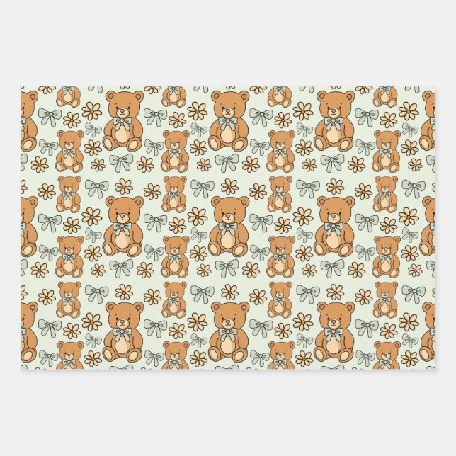 Hand-Drawn Coquette Teddy Bears Seamless Pattern Geschenkpapier Set (Vorderseite)