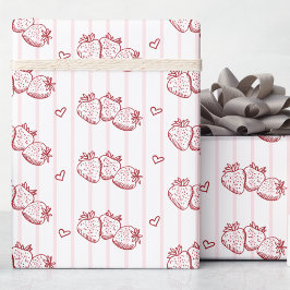 Hand Drawn Cottagecore Pink Stripe Strawberry Geschenkpapier