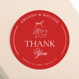 Hand Drawn Cupid Cherub Red Wedding Thank You Runder Aufkleber