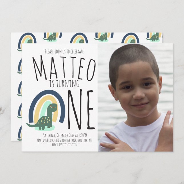 Hand Drawn Dinosaur Rainbow Birthday Party Foto Einladung (Vorne/Hinten)