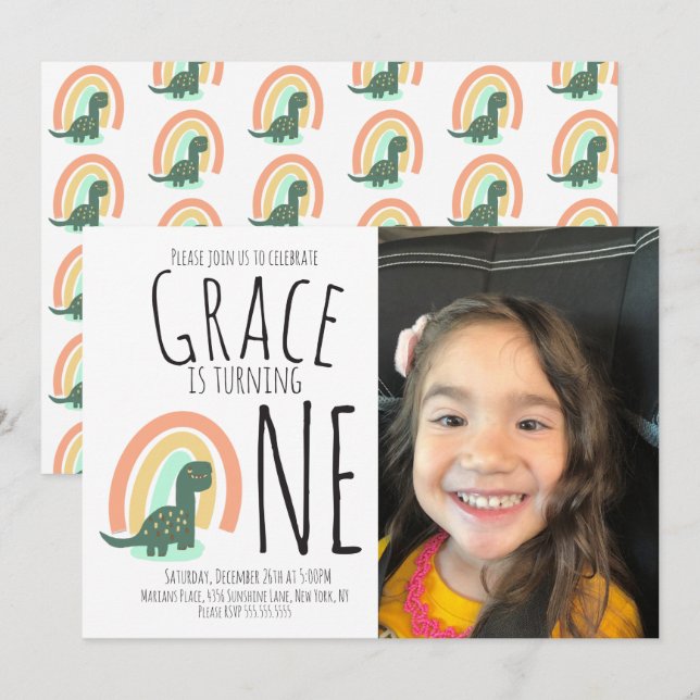 Hand Drawn Dinosaur Rainbow Birthday Party Foto I Einladung (Vorne/Hinten)