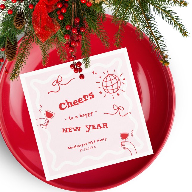 Hand Drawn Disco Pink and Red New Year's Eve Party Serviette (Von Creator hochgeladen)