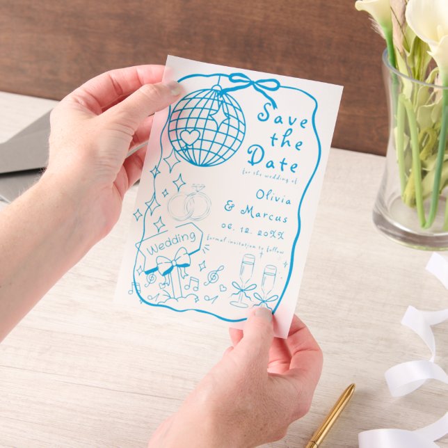 Hand Drawn Doodle Blue Wedding speichern das Datum (Handgehalten)