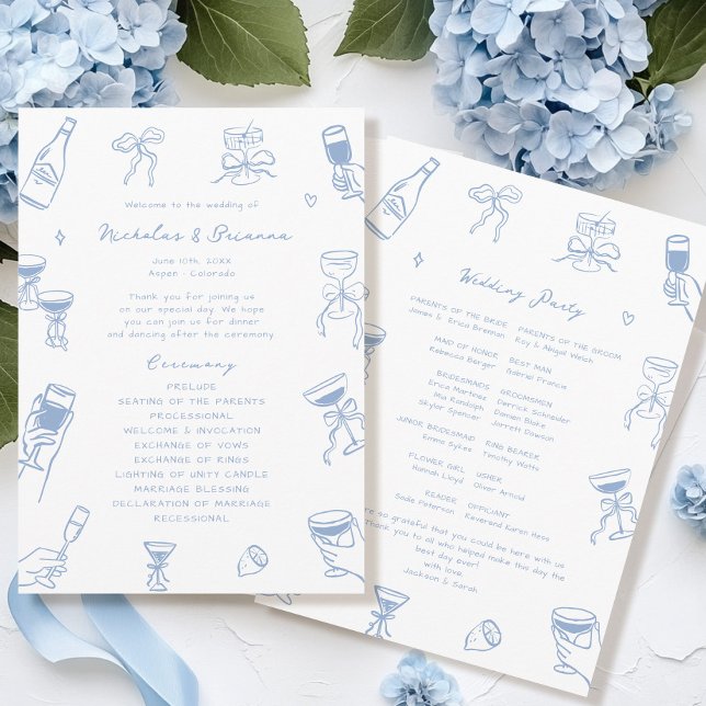 Hand Drawn Doodle Dusty Blue Wedding Program Programm (Von Creator hochgeladen)