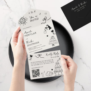 Hand Drawn Doodle Französisch Vintag QR Code Hochz All In One Einladung