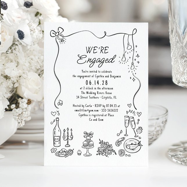 Hand Drawn Doodle Funky Whimsical Engagement Party Einladung (Whimsical funky drawings engagement party invitation)