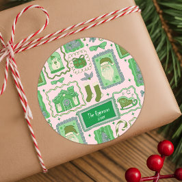 Hand Drawn doodle green pink christmas Runder Aufkleber
