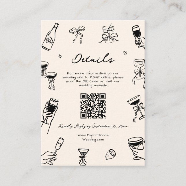 Hand Drawn Doodle Quirky Wedding Details Qr Code Begleitkarte (Vorderseite)