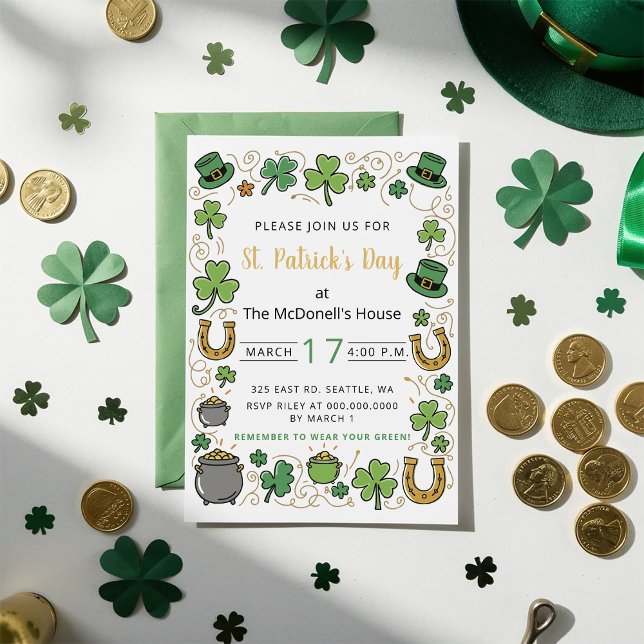 Hand Drawn Doodle Whimsical St Patricks Day  Einladung (Hand Drawn Doodle Whimsical St Patricks Day Invitation)