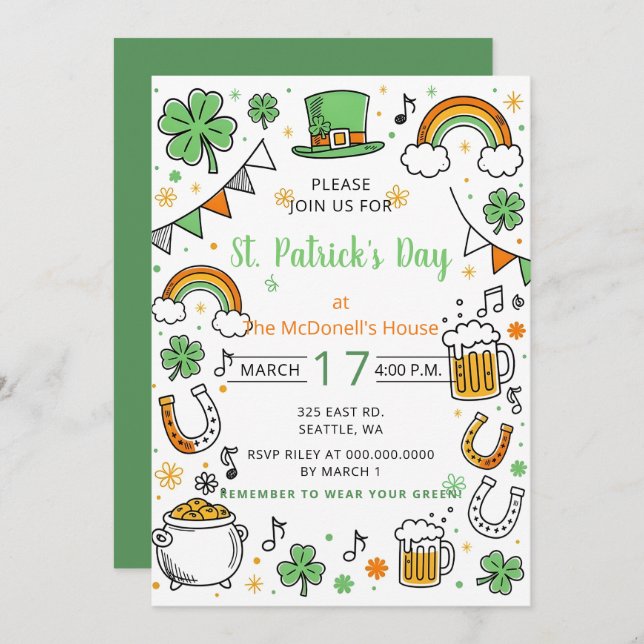 Hand Drawn Doodle Whimsical St Patricks Day  Einladung (Vorne/Hinten)