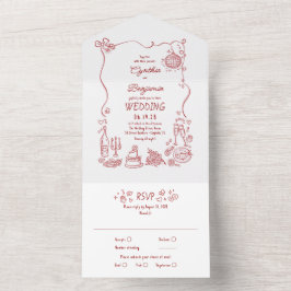 Hand Drawn Doodles Funky Quirky Modern Wedding All In One Einladung