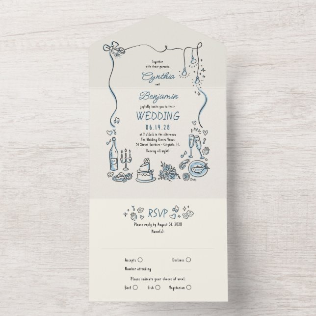 Hand Drawn Doodles Funky Quirky Moderne Hochzeit All In One Einladung (Innen)