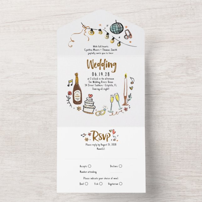 Hand Drawn Doodles Funky Quirky Moderne Hochzeit All In One Einladung (Innen)