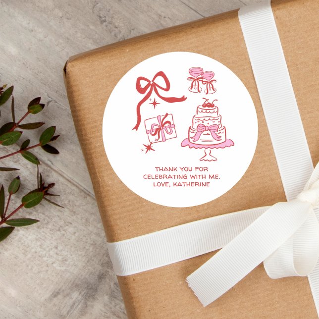 Hand Drawn Doodles Red Pink Birthday Thank You Runder Aufkleber (Von Creator hochgeladen)