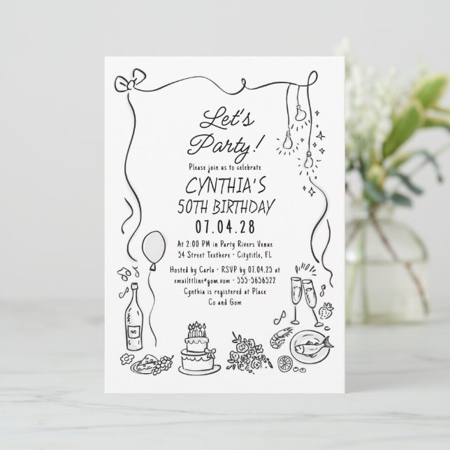 Hand Drawn Doodles Whimsical Quirky Adult Birthday Einladung (Stehend Vorderseite)