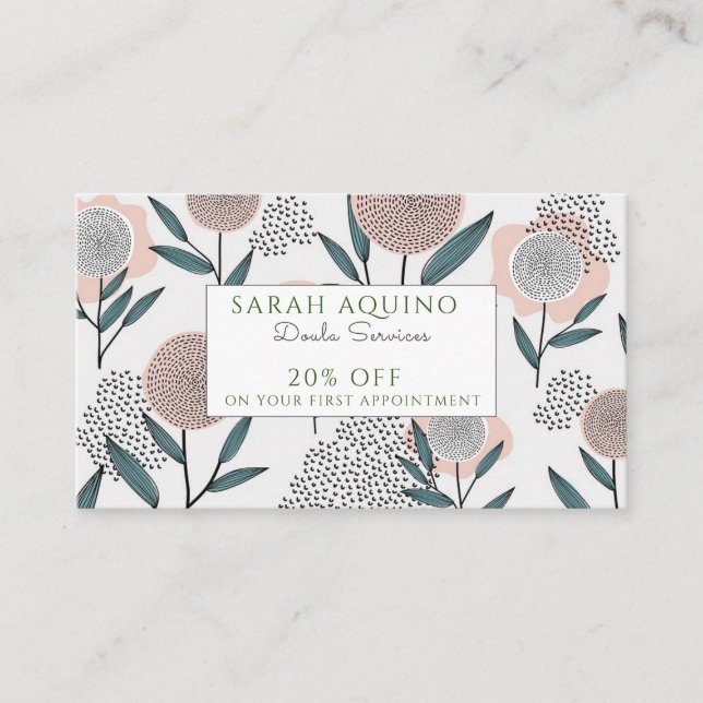 Hand Drawn Doula Dusty Peach Korallen Floral Rabattkarte (Vorderseite)