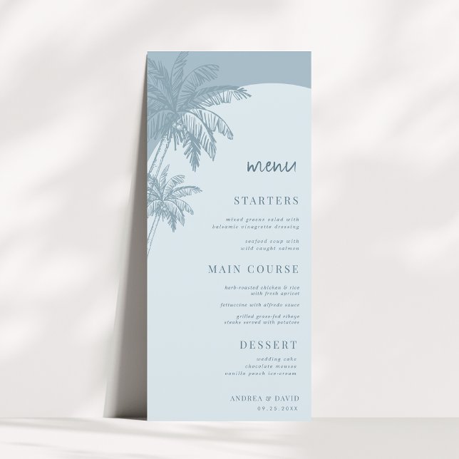Hand Drawn Dusty Blue Palm Tree Boho Beach Wedding Menükarte (Von Creator hochgeladen)