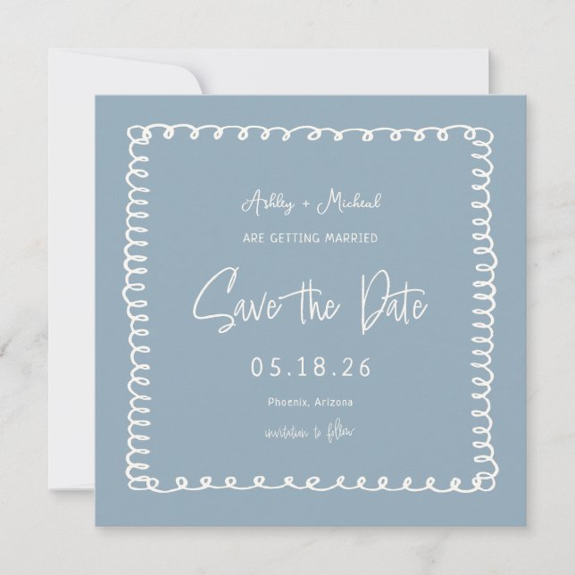 Hand Drawn Dusty Blue Unique Square Hochzeit Save The Date (Vorderseite)
