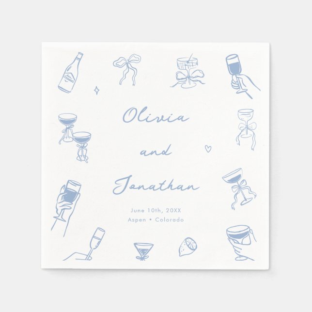 Hand Drawn Dusty Blue Wedding Serviette (Vorderseite)