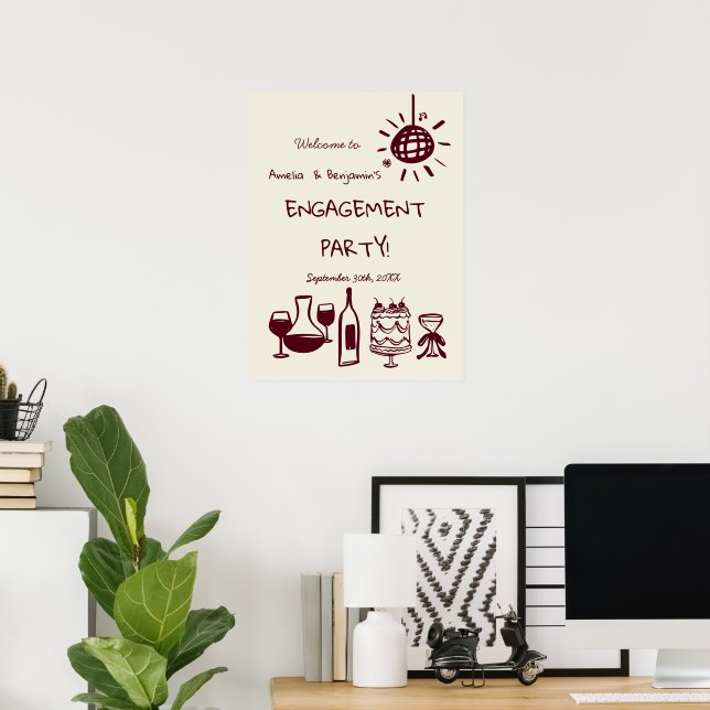 Hand Drawn Engagement Party Wedding Welcome Sign. Poster (Heimbüro)
