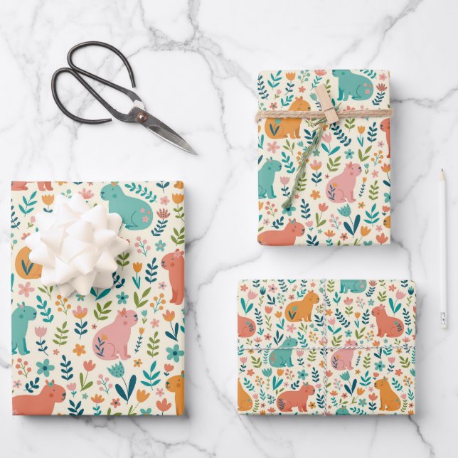 Hand Drawn Floral Capybara Wrapping Paper Sheets Geschenkpapier Set (Vorderseite)
