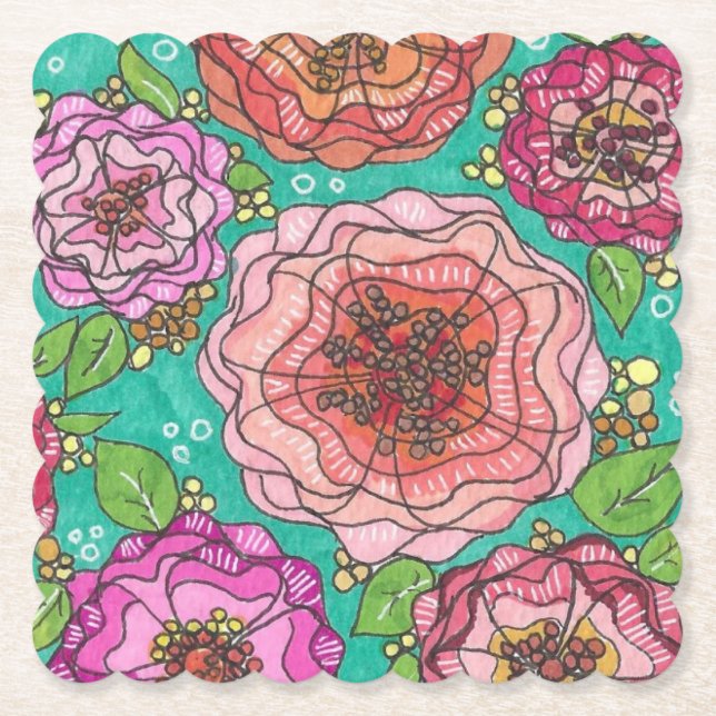 "Hand-drawn Floral Delight Coaster Set" Untersetzer (Vorderseite)