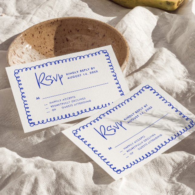 Hand Drawn French Blue Colorful Wedding RSVP Karte (Von Creator hochgeladen)