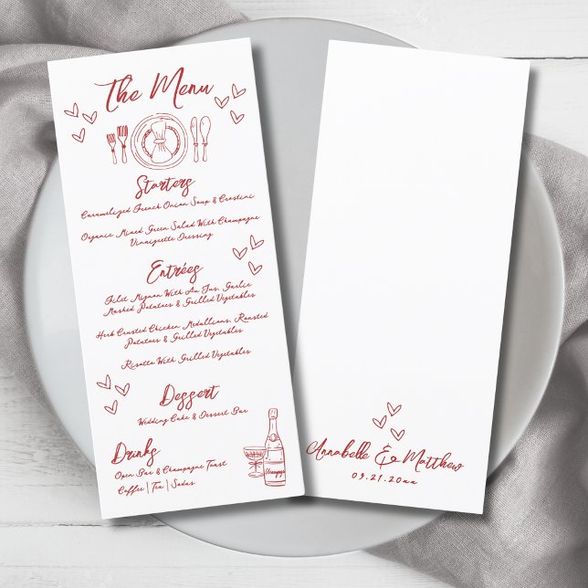 Hand Drawn French Red Whimsical Wedding Menükarte (Hand Draw French Red Whimsical Wedding Menu)