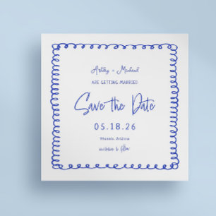 Hand Drawn French Square Blue Wedding Save The Date