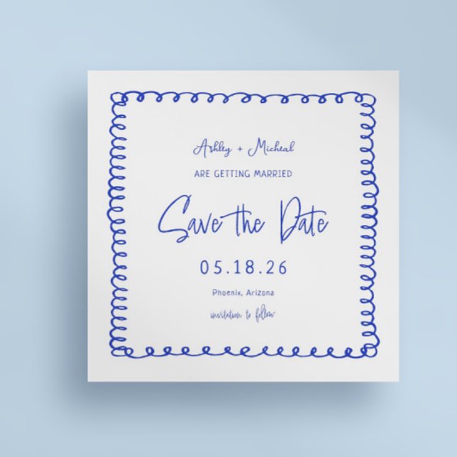 Hand Drawn French Square Blue Wedding Save The Date (Von Creator hochgeladen)