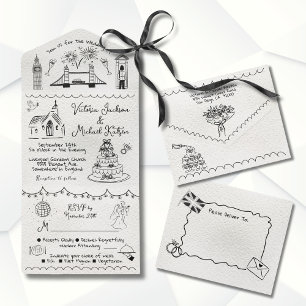 Hand Drawn funky England Doodle Hochzeit All In One Einladung