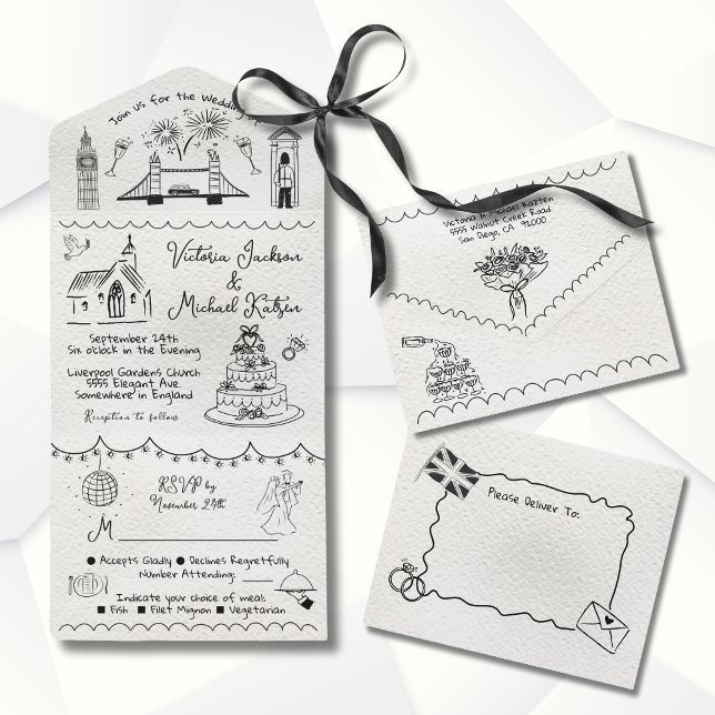 Hand Drawn funky England Doodle Hochzeit All In One Einladung (Von Creator hochgeladen)