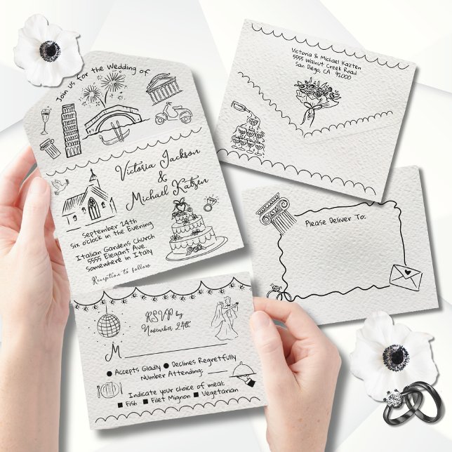 Hand Drawn funky Italien Doodle Hochzeit All In One Einladung (Von Creator hochgeladen)