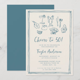 Hand Drawn Funky Nautical Beach 50. Geburtstag Einladung