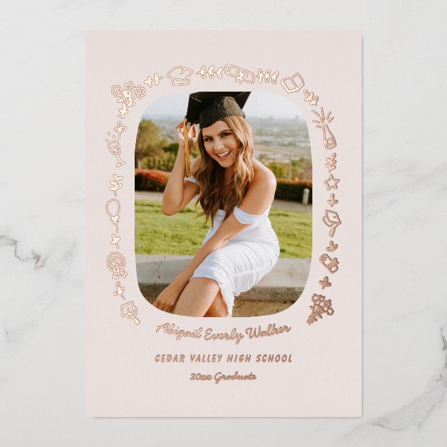 Hand Drawn Grad Announcement Foil Card with Photo  Folieneinladung (Vorderseite)