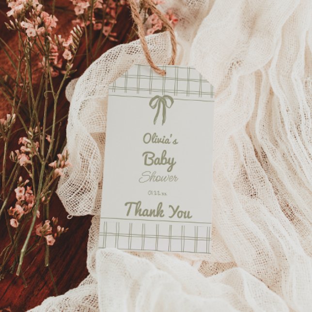 Hand Drawn Green Bow Gingham Neutral Baby Shower Geschenkanhänger (Von Creator hochgeladen)