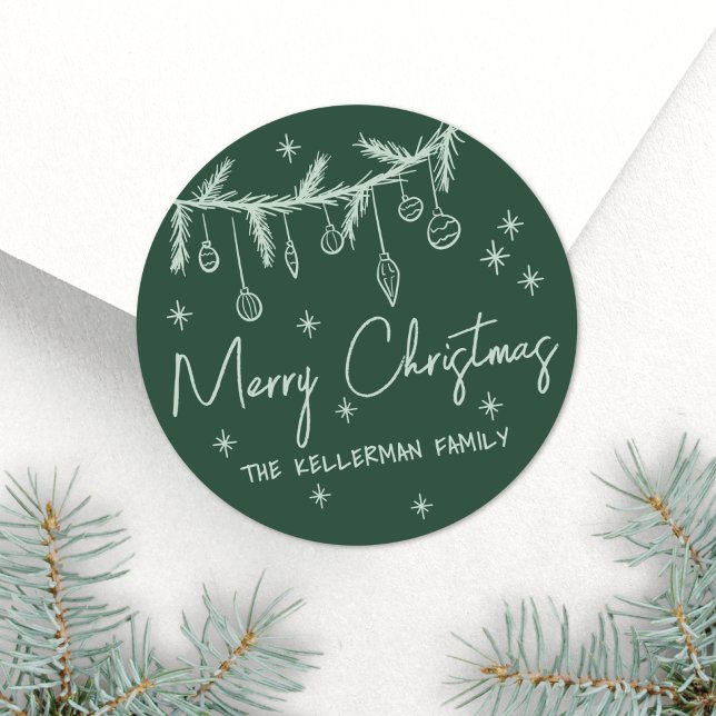 Hand Drawn Green Merry Christmas Runder Aufkleber (Hand Drawn Green Merry Christmas Classic Round Sticker)
