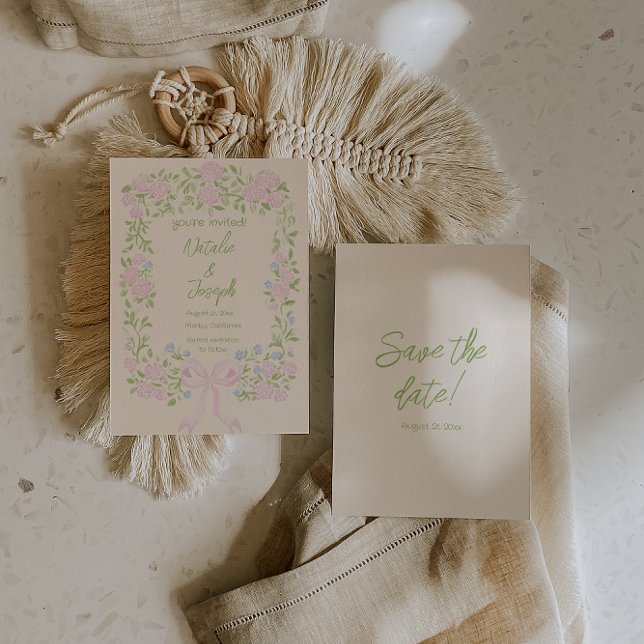 Hand Drawn Green Pink Bow Floral Summer Wedding Save The Date (Von Creator hochgeladen)