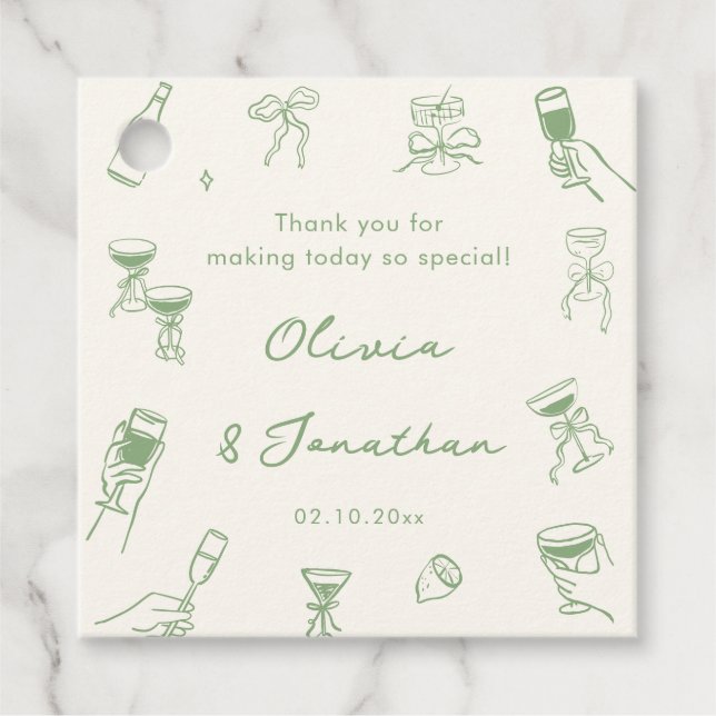 Hand Drawn Green Wedding Vielen Dank Geschenkanhänger (Vorderseite)