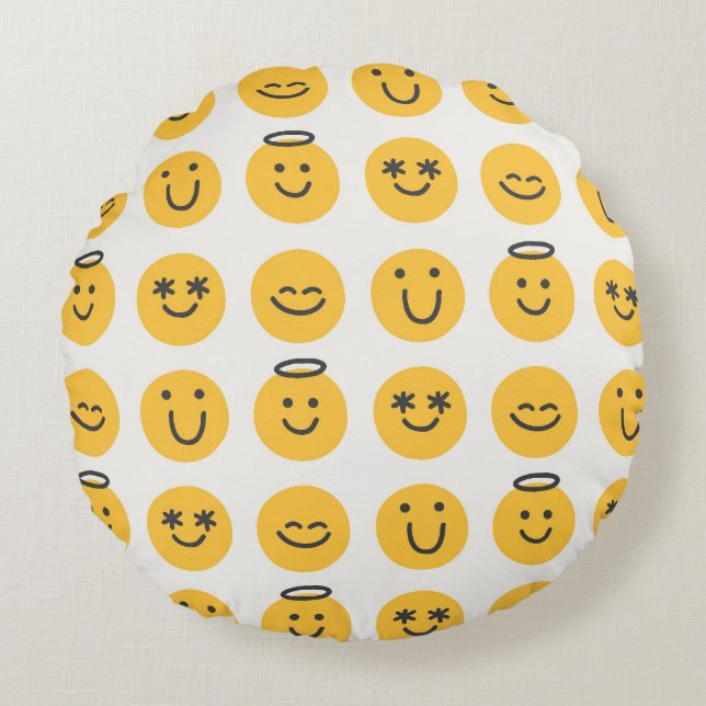 Hand Drawn Happy Emoji Pattern Rundes Kissen (Vorderseite)