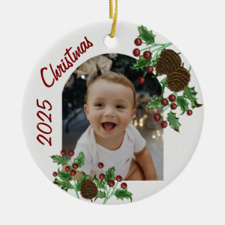 Hand Drawn Holly & Pinecones Christmas Photo Keramik Ornament
