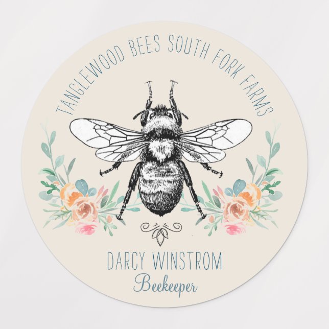 Hand Drawn Honey Beekeeper Floral Honey Jar Etiketten (Design 1)