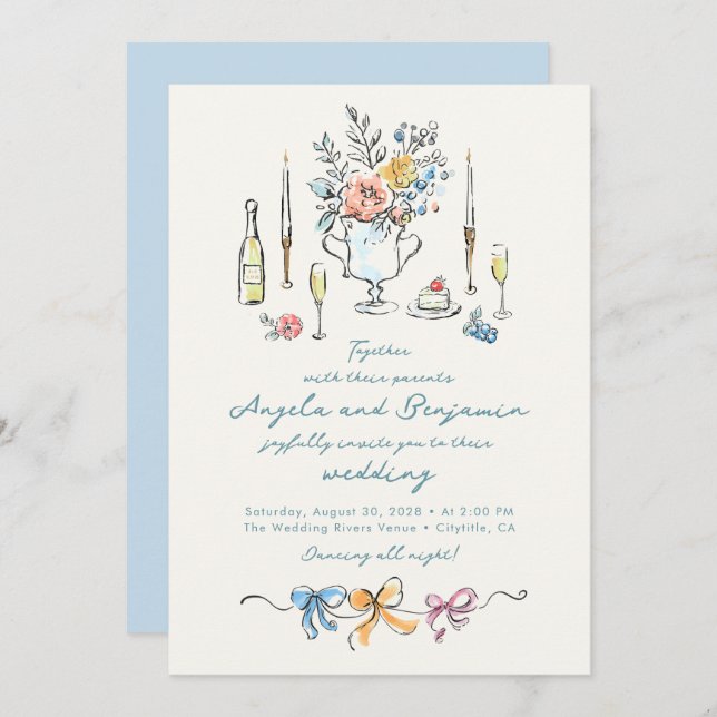 Hand Drawn Illustrations Whimsical French Wedding Einladung (Vorne/Hinten)