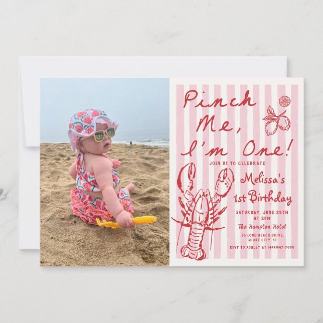 Hand Drawn Lobster 1st Birthday Photo Invitation Einladung (Vorderseite)