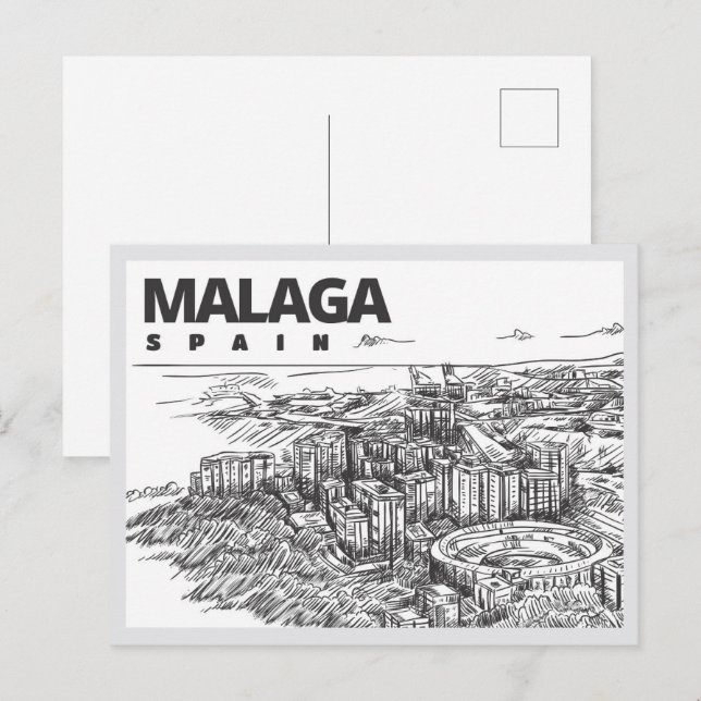 Hand drawn Malaga Spain Landmark Postkarte (Vorne/Hinten)