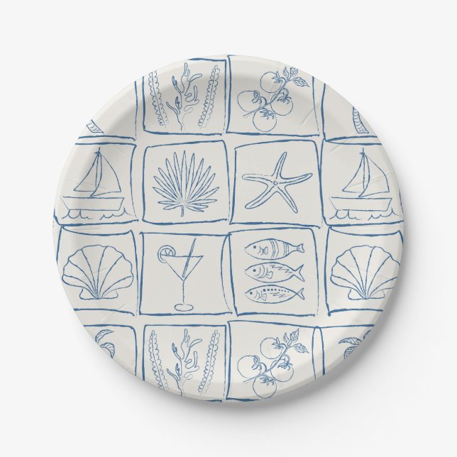 Hand-Drawn Mediterranean Coastal Tile Linen Cobalt Pappteller (Vorderseite)