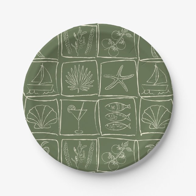 Hand-Drawn Mediterranean Coastal Tile Olive Grove Pappteller (Vorderseite)